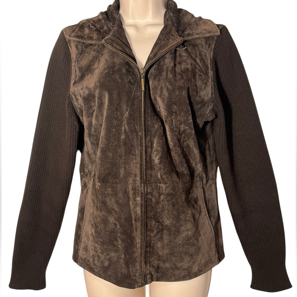 FABIO brown genuine leather with sweater sleeves jacket sz Medium vintage Y2K